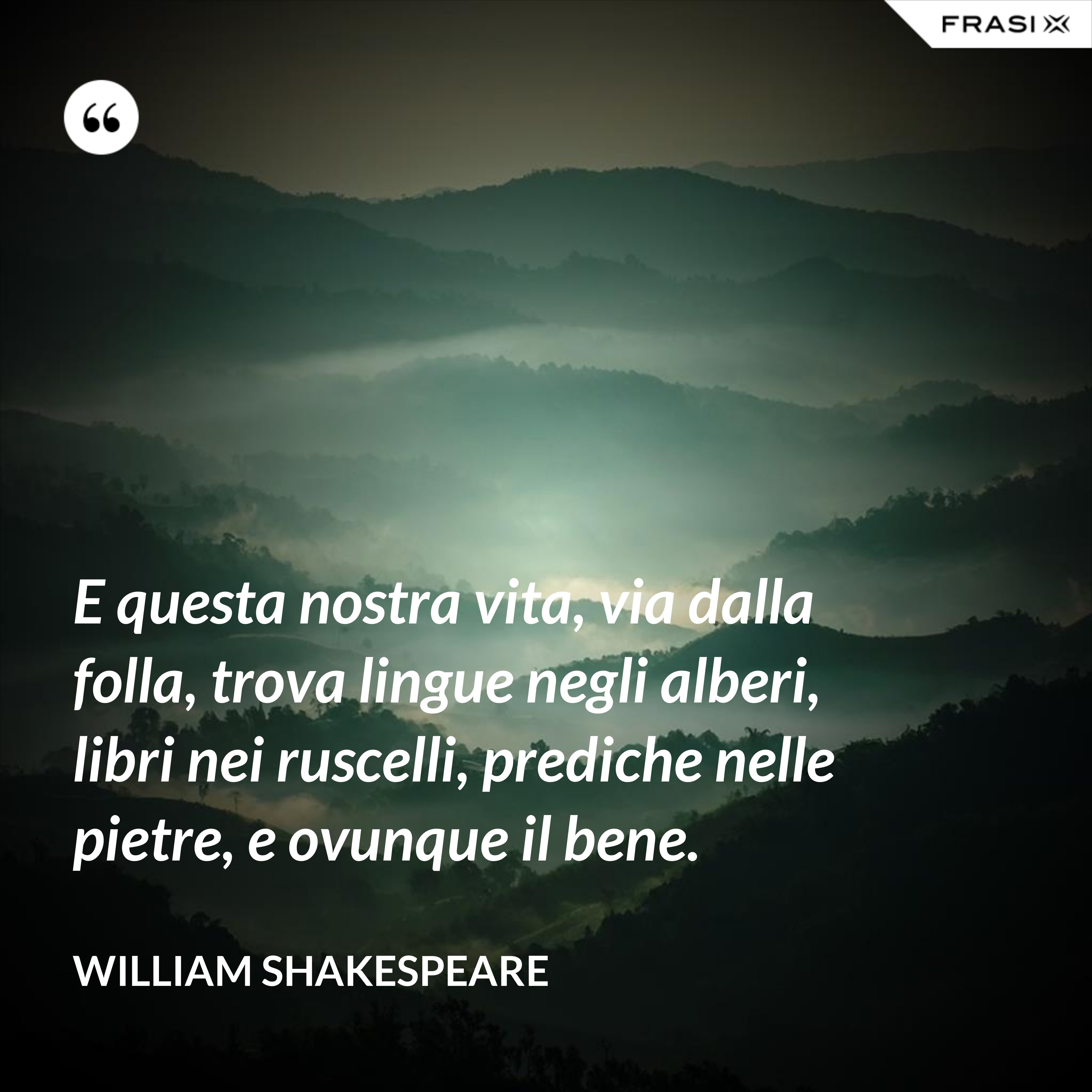 E questa nostra vita, via dalla folla, trova lingue negli alberi, libri nei ruscelli, prediche nelle pietre, e ovunque il bene. - William Shakespeare