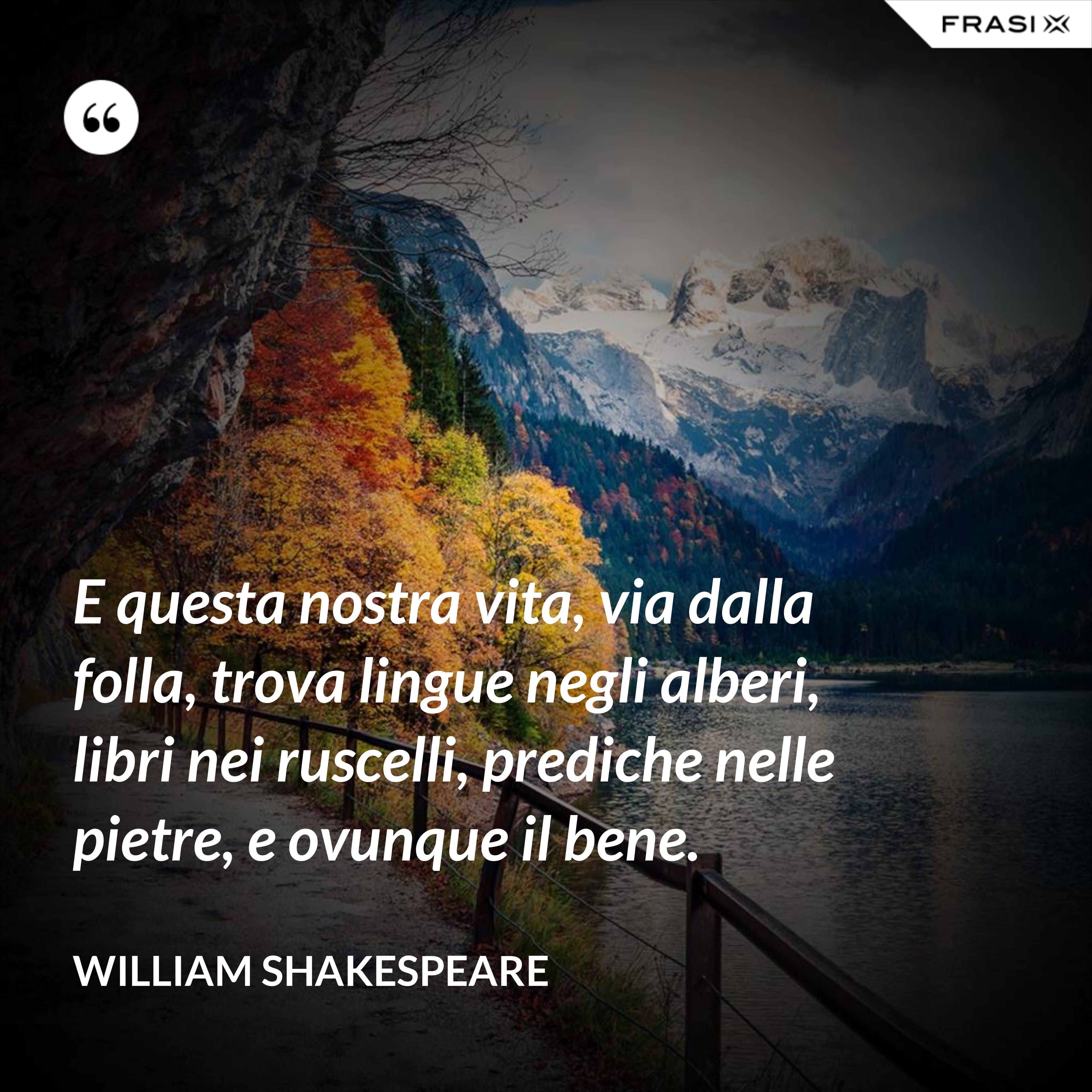 E questa nostra vita, via dalla folla, trova lingue negli alberi, libri nei ruscelli, prediche nelle pietre, e ovunque il bene. - William Shakespeare