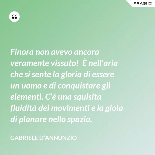 Finora non avevo ancora veramente vissuto!  È nell'aria che si sente la gloria di essere un uomo e di conquistare gli elementi. C’é una squisita fluidità dei movimenti e la gioia di planare nello spazio. - Gabriele D’Annunzio