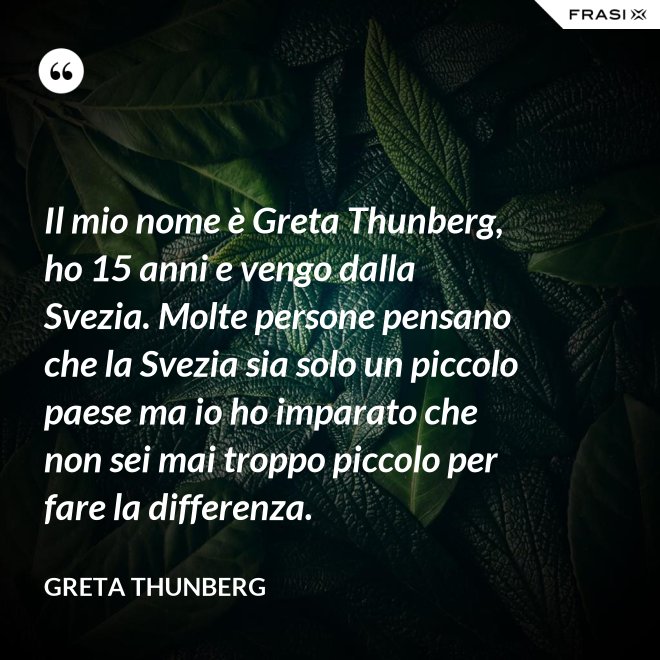 Il mio nome è Greta Thunberg, ho 15 anni e vengo dalla Svezia. Molte persone pensano che la Svezia sia solo un piccolo paese ma io ho imparato che non sei mai troppo piccolo per fare la differenza. - Greta Thunberg
