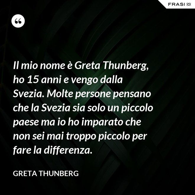 Il mio nome è Greta Thunberg, ho 15 anni e vengo dalla Svezia. Molte persone pensano che la Svezia sia solo un piccolo paese ma io ho imparato che non sei mai troppo piccolo per fare la differenza. - Greta Thunberg