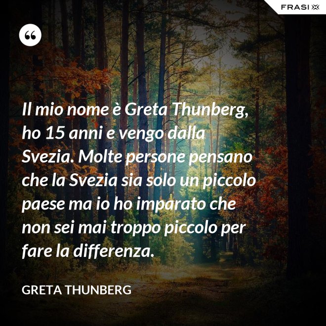 Il mio nome è Greta Thunberg, ho 15 anni e vengo dalla Svezia. Molte persone pensano che la Svezia sia solo un piccolo paese ma io ho imparato che non sei mai troppo piccolo per fare la differenza. - Greta Thunberg