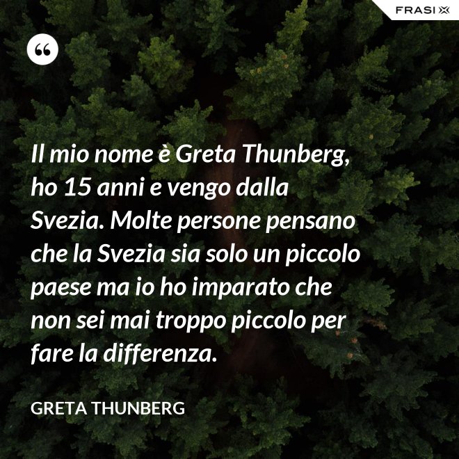 Il mio nome è Greta Thunberg, ho 15 anni e vengo dalla Svezia. Molte persone pensano che la Svezia sia solo un piccolo paese ma io ho imparato che non sei mai troppo piccolo per fare la differenza. - Greta Thunberg