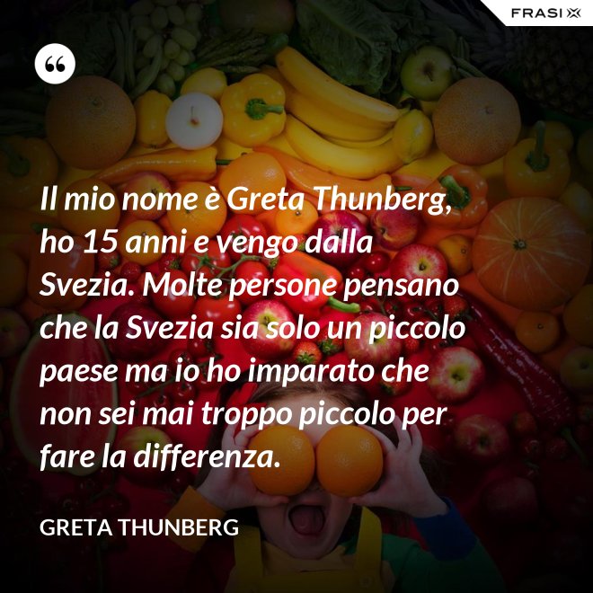 Il mio nome è Greta Thunberg, ho 15 anni e vengo dalla Svezia. Molte persone pensano che la Svezia sia solo un piccolo paese ma io ho imparato che non sei mai troppo piccolo per fare la differenza. - Greta Thunberg
