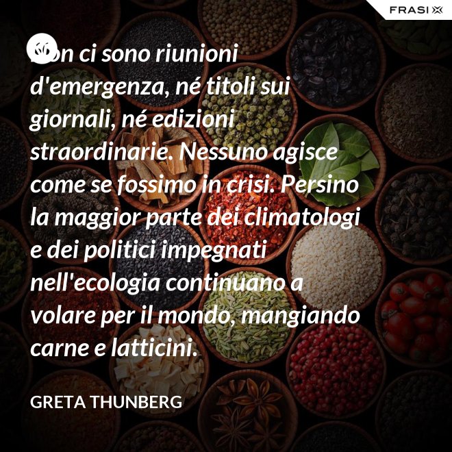Non ci sono riunioni d'emergenza, né titoli sui giornali, né edizioni straordinarie. Nessuno agisce come se fossimo in crisi. Persino la maggior parte dei climatologi e dei politici impegnati nell'ecologia continuano a volare per il mondo, mangiando carne e latticini. - Greta Thunberg