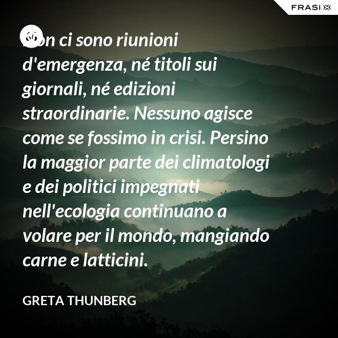 Non ci sono riunioni d'emergenza, né titoli sui giornali, né edizioni straordinarie. Nessuno agisce come se fossimo in crisi. Persino la maggior parte dei climatologi e dei politici impegnati nell'ecologia continuano a volare per il mondo, mangiando carne e latticini. - Greta Thunberg