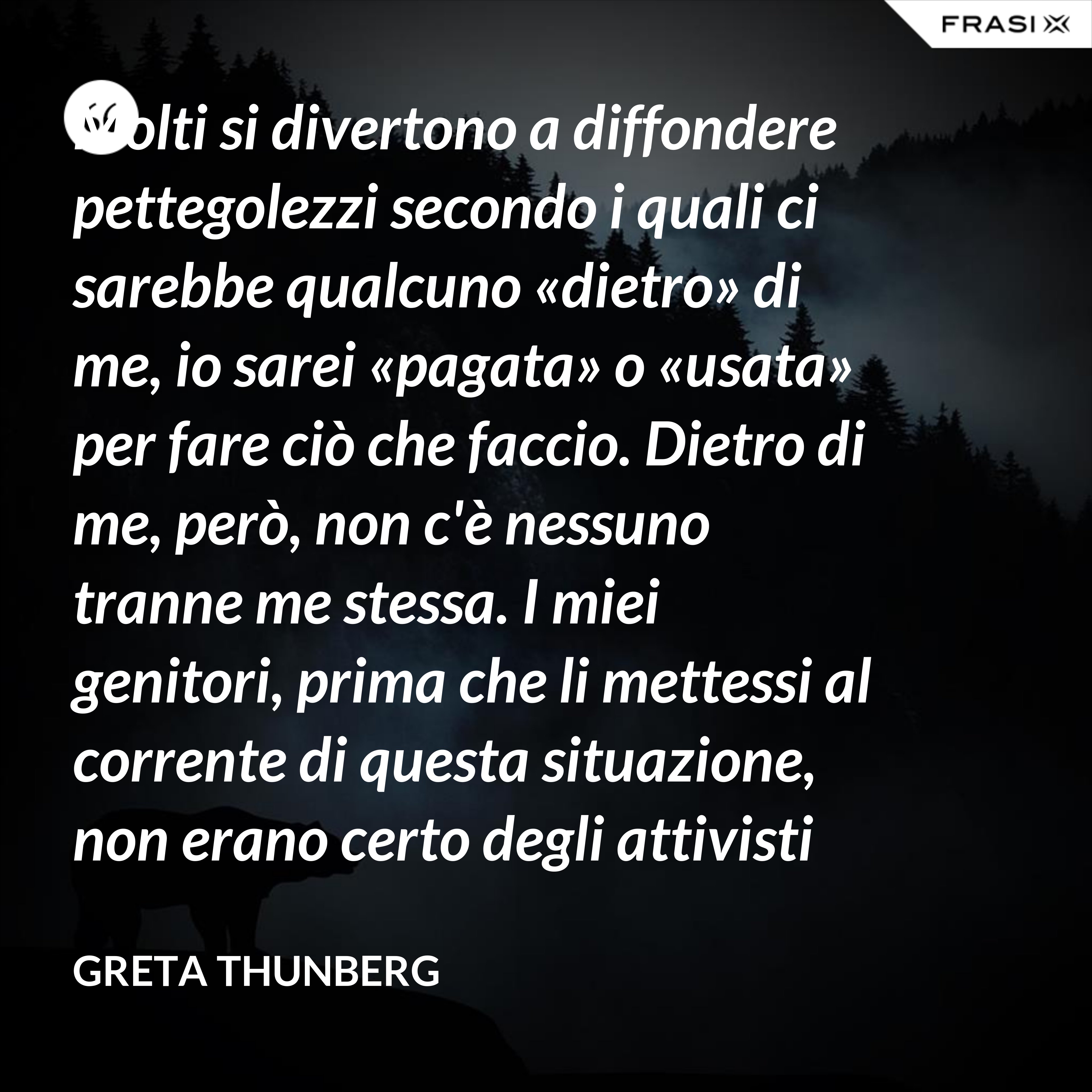 Molti si divertono a diffondere pettegolezzi secondo i quali ci sarebbe qualcuno «dietro» di me, io sarei «pagata» o «usata» per fare ciò che faccio. Dietro di me, però, non c'è nessuno tranne me stessa. I miei genitori, prima che li mettessi al corrente di questa situazione, non erano certo degli attivisti per il clima. Anzi. - Greta Thunberg