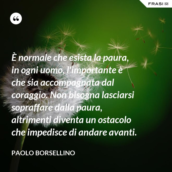 È normale che esista la paura, in ogni uomo, l'importante è che sia accompagnata dal coraggio. Non bisogna lasciarsi sopraffare dalla paura, altrimenti diventa un ostacolo che impedisce di andare avanti. - Paolo Borsellino