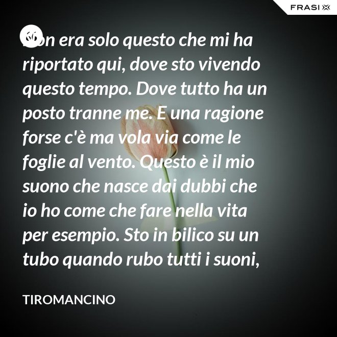 Non era solo questo che mi ha riportato qui, dove sto vivendo questo tempo. Dove tutto ha un posto tranne me. E una ragione forse c'è ma vola via come le foglie al vento. Questo è il mio suono che nasce dai dubbi che io ho come che fare nella vita per esempio. Sto in bilico su un tubo quando rubo tutti i suoni, gli stili, i segnali di vita nei cortili. - Tiromancino