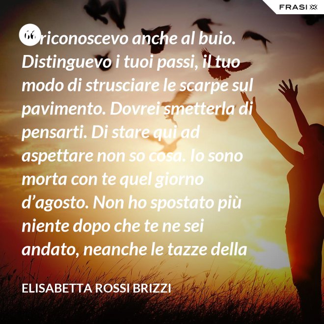 Ti riconoscevo anche al buio. Distinguevo i tuoi passi, il tuo modo di strusciare le scarpe sul pavimento. Dovrei smetterla di pensarti. Di stare qui ad aspettare non so cosa. Io sono morta con te quel giorno d’agosto. Non ho spostato più niente dopo che te ne sei andato, neanche le tazze della colazione. Scricchiolano nel lavello, logorate dalla sporcizia. - Elisabetta Rossi Brizzi
